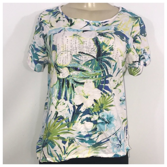 Onque Casual Tops - Blue, White & Green Floral & Rhinestone Top Medium